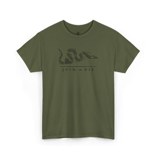 A olive green T-shirt with a white graphic of a snake and the phrase 'JOIN OR DIE' printed on the front.