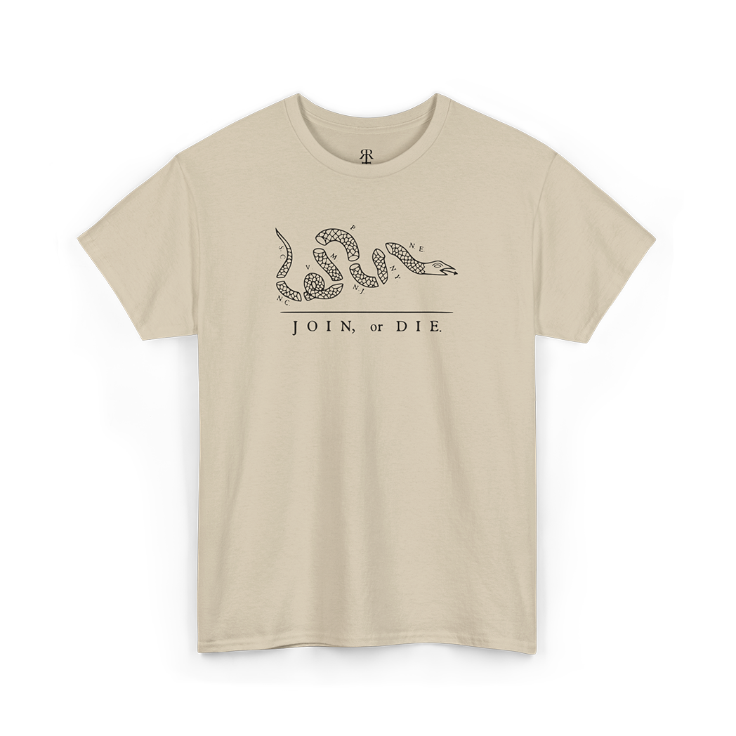 A beige T-shirt with a white graphic of a snake and the phrase 'JOIN OR DIE' printed on the front.