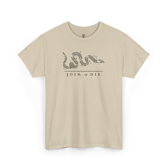 A beige T-shirt with a white graphic of a snake and the phrase 'JOIN OR DIE' printed on the front.
