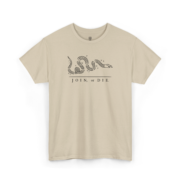 A beige T-shirt with a white graphic of a snake and the phrase 'JOIN OR DIE' printed on the front.