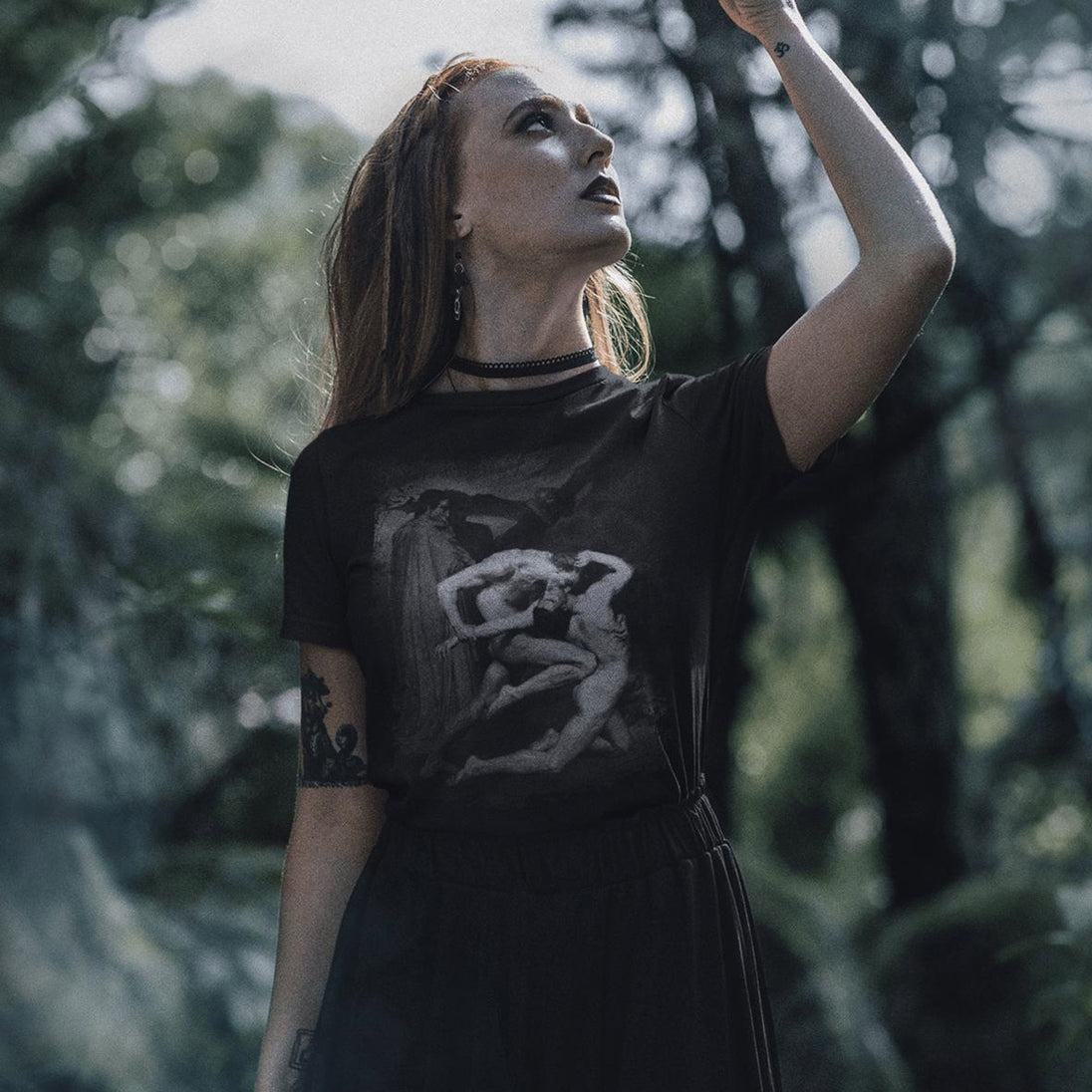 Woman wearing Dante and Virgil T-Shirt in forest setting