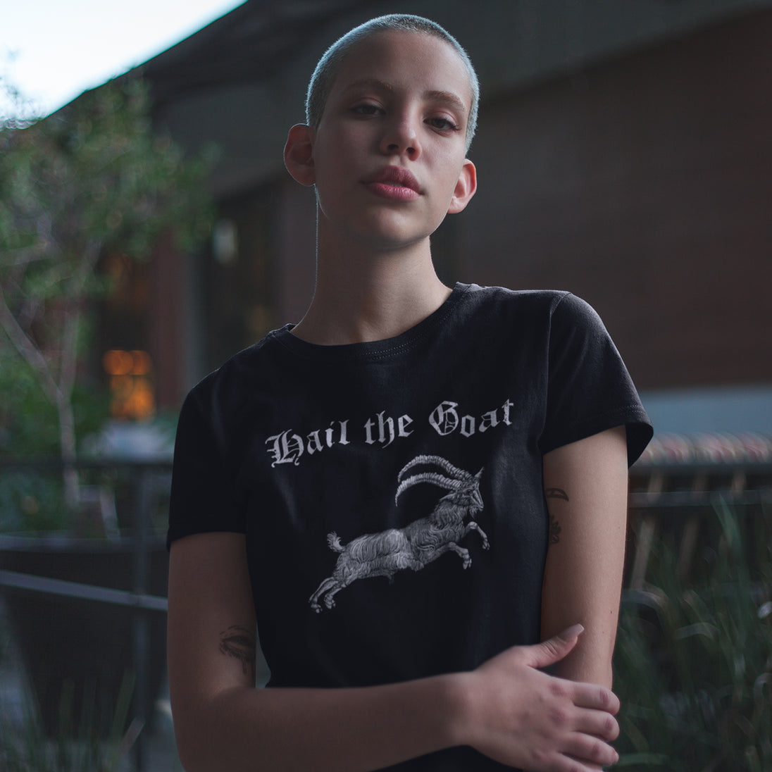 Woman wearing Hail the Goat T-Shirt