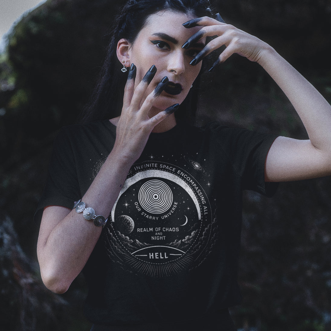 Woman wearing Vacuum of Infinite Space t-shirt