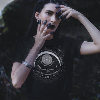 Woman wearing Vacuum of Infinite Space t-shirt