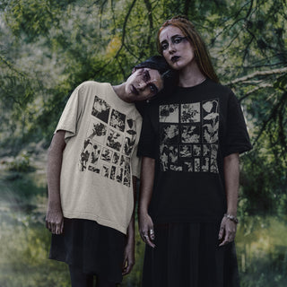 Two models posing outdoors in front of a blurred forest background, wearing graphic t-shirts. The model on the left wears a beige t-shirt with a black graphic print, and the model on the right wears a black t-shirt with a white graphic print.