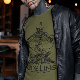 Man wearing olive green Goblins are my Spirit Animal T-Shirt