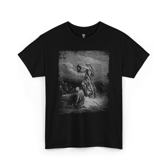 A black T-shirt featuring a printed depiction of Judith slaying Holofernes.