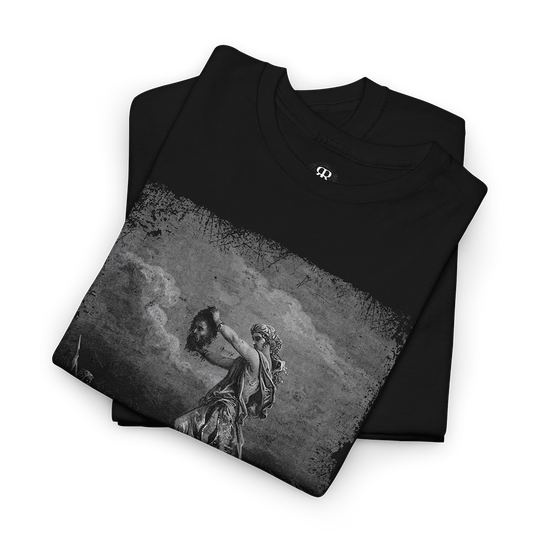 A black T-shirt featuring a printed depiction of Judith slaying Holofernes.