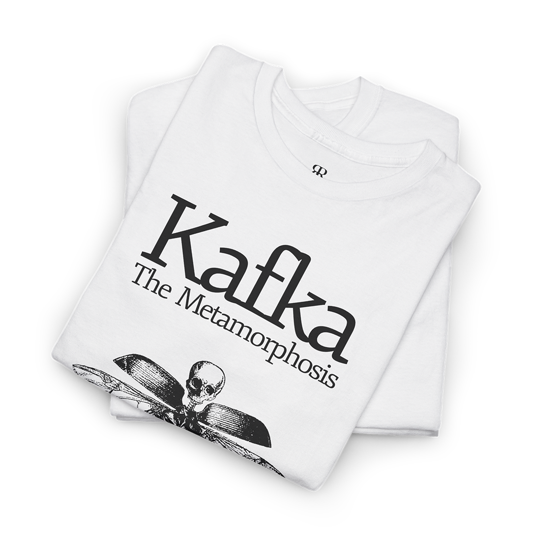 White t-shirt with 'Kafka The Metamorphosis' text and an insect graphic design on the front.