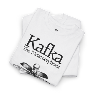 White t-shirt with 'Kafka The Metamorphosis' text and an insect graphic design on the front.