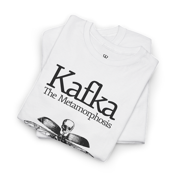 White t-shirt with 'Kafka The Metamorphosis' text and an insect graphic design on the front.