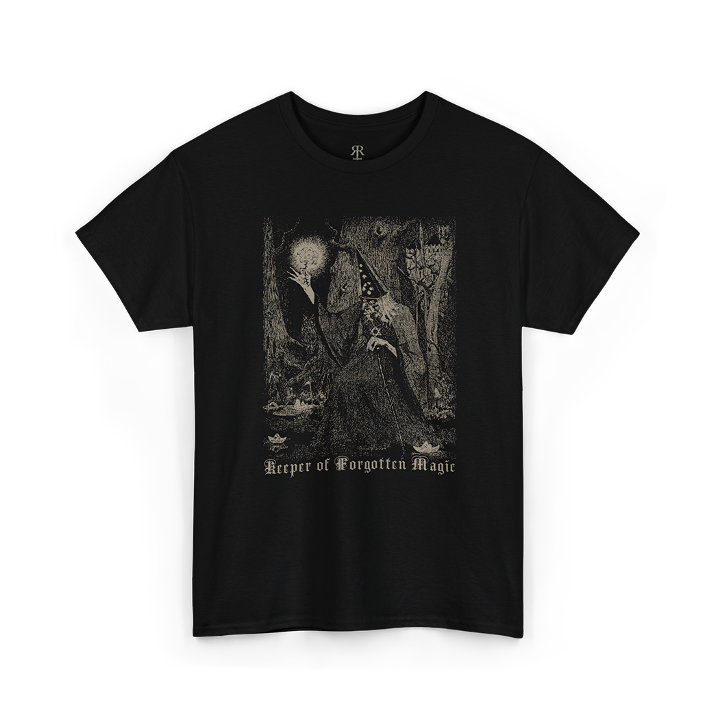 Black t-shirt with a graphic design of a wizard in a robe and text 'Keeper of Forgotten Magic'