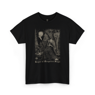 Black t-shirt with a graphic design of a wizard in a robe and text 'Keeper of Forgotten Magic'