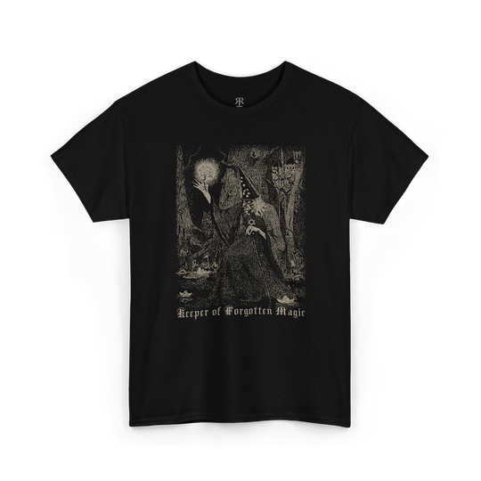 Black t-shirt with a graphic design of a wizard in a robe and text 'Keeper of Forgotten Magic'