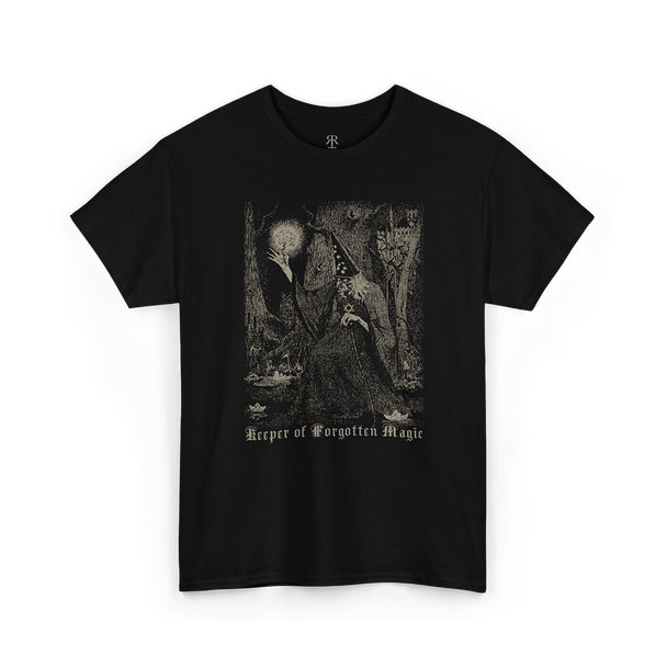 Black t-shirt with a graphic design of a wizard in a robe and text 'Keeper of Forgotten Magic'