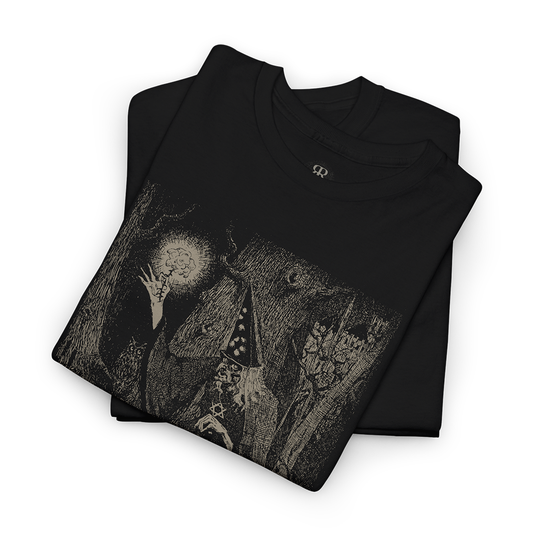 Black t-shirt with a graphic design of a wizard in a robe and text 'Keeper of Forgotten Magic'