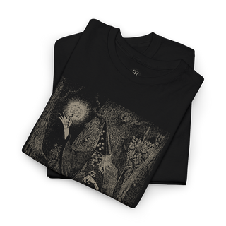 Black t-shirt with a graphic design of a wizard in a robe and text 'Keeper of Forgotten Magic'