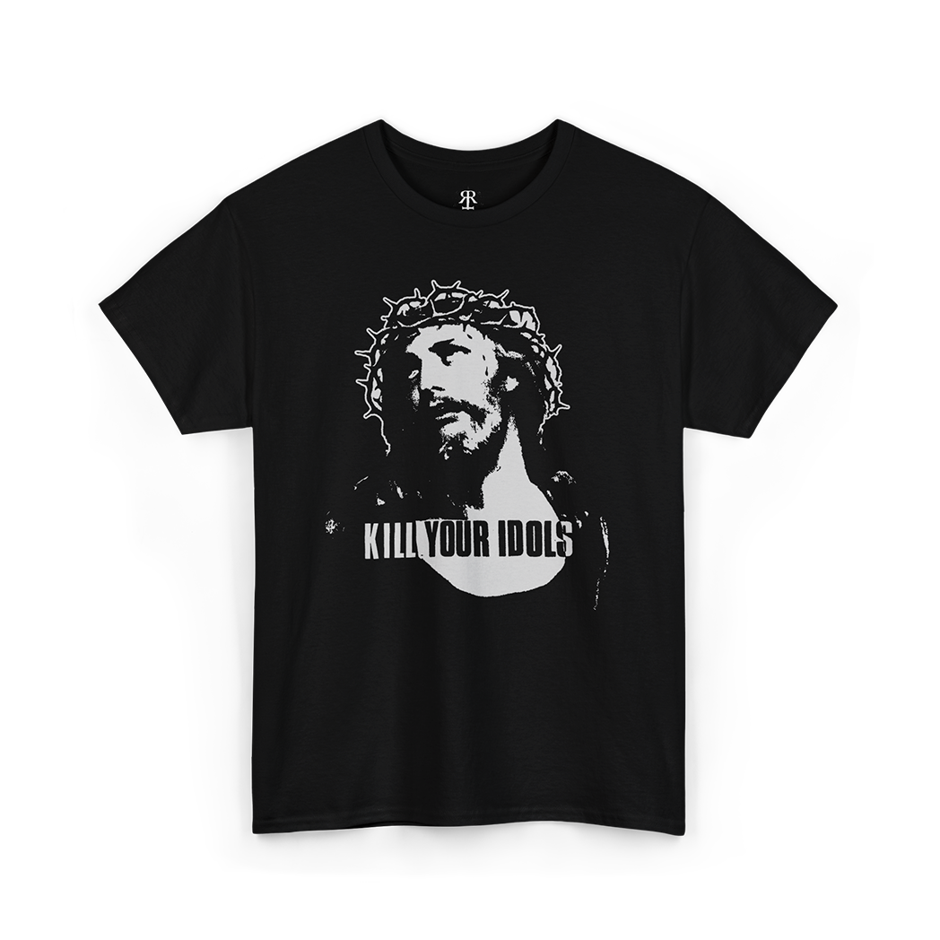 Black crew neck t-shirt with a graphic print of a person's face wearing a crown and the text 'KILL YOUR IDOLS' on the front.