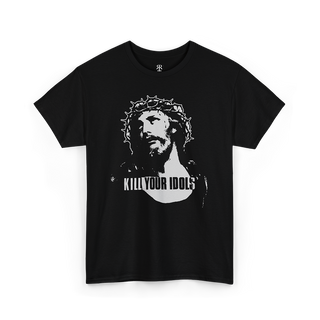 Black crew neck t-shirt with a graphic print of a person's face wearing a crown and the text 'KILL YOUR IDOLS' on the front.
