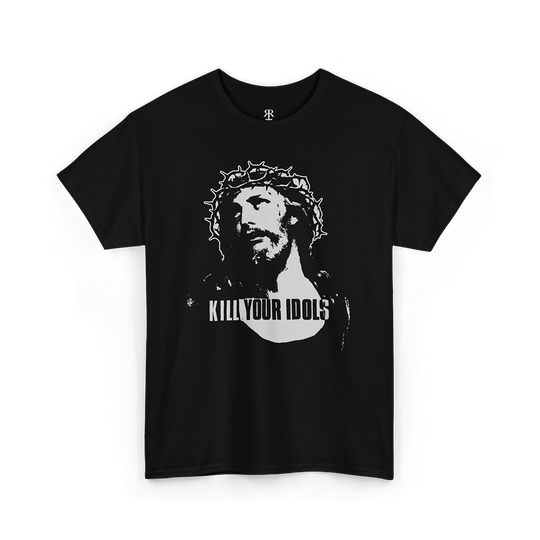 Black crew neck t-shirt with a graphic print of a person's face wearing a crown and the text 'KILL YOUR IDOLS' on the front.