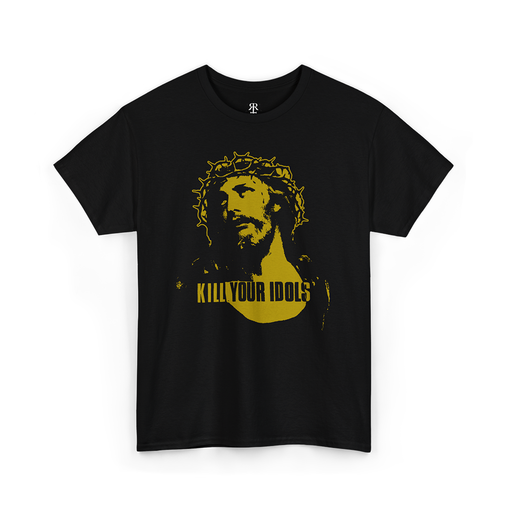 Black crew neck t-shirt with a graphic print of a person's face wearing a crown and the text 'KILL YOUR IDOLS' on the front.
