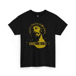 Black crew neck t-shirt with a graphic print of a person's face wearing a crown and the text 'KILL YOUR IDOLS' on the front.
