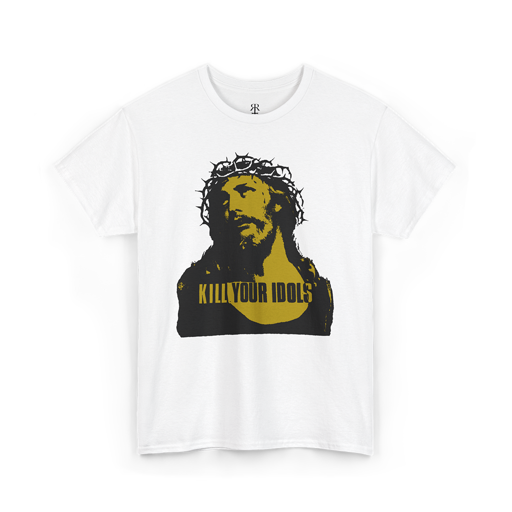 White crew neck t-shirt with a graphic print of a person's face wearing a crown and the text 'KILL YOUR IDOLS' on the front.