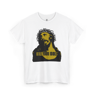 White crew neck t-shirt with a graphic print of a person's face wearing a crown and the text 'KILL YOUR IDOLS' on the front.