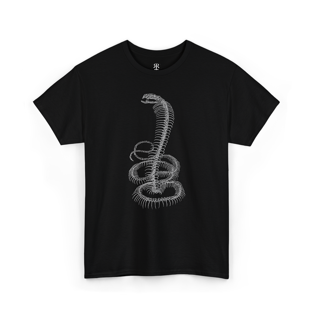 A black t-shirt with a white skeleton of a king cobra printed on the front.