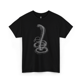 A black t-shirt with a white skeleton of a king cobra printed on the front.