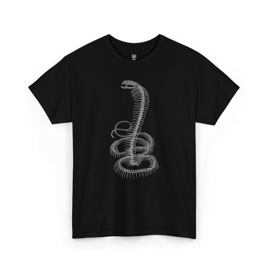 A black t-shirt with a white skeleton of a king cobra printed on the front.