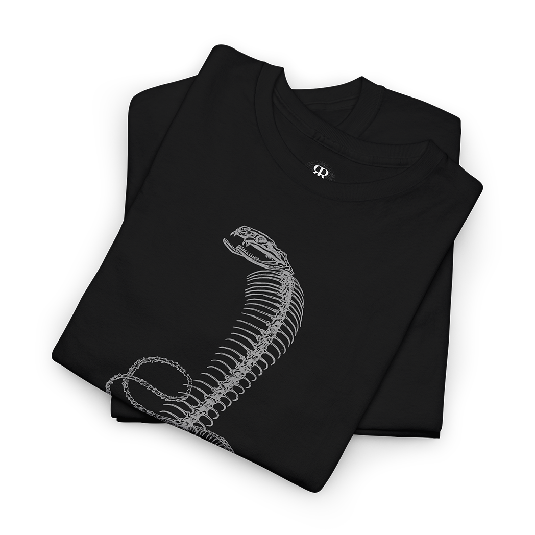 A black t-shirt with a white skeleton of a king cobra printed on the front.