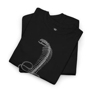 A black t-shirt with a white skeleton of a king cobra printed on the front.