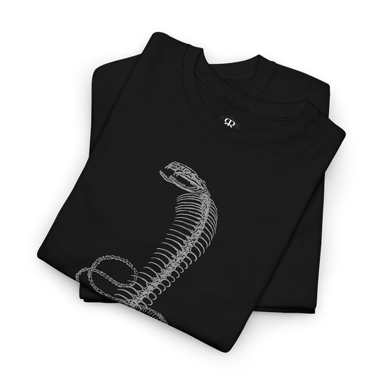 A black t-shirt with a white skeleton of a king cobra printed on the front.