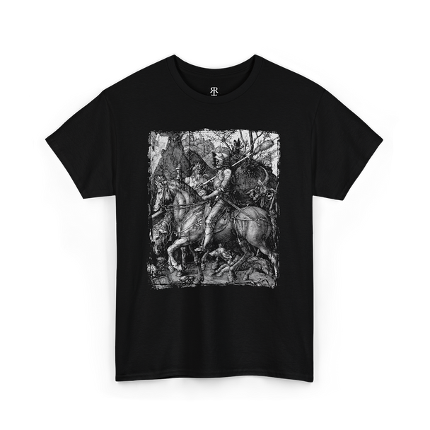 A black t-shirt featuring a printed design with a knight, death, and the devil theme.