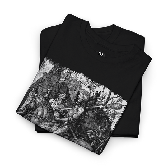 A black t-shirt featuring a printed design with a knight, death, and the devil theme.