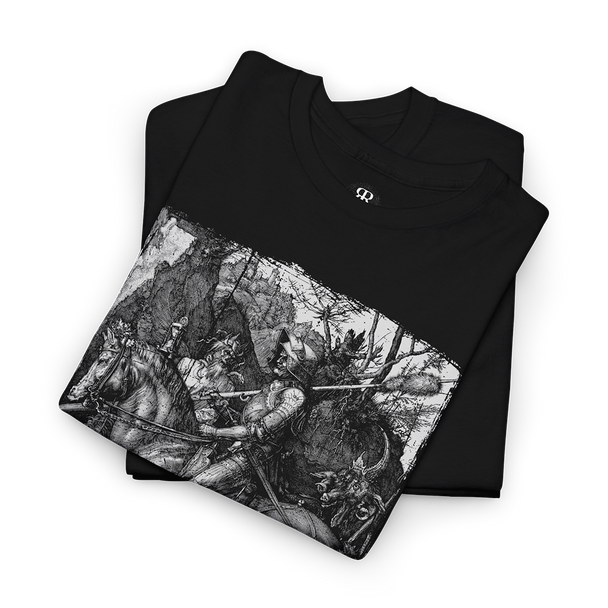 A black t-shirt featuring a printed design with a knight, death, and the devil theme.