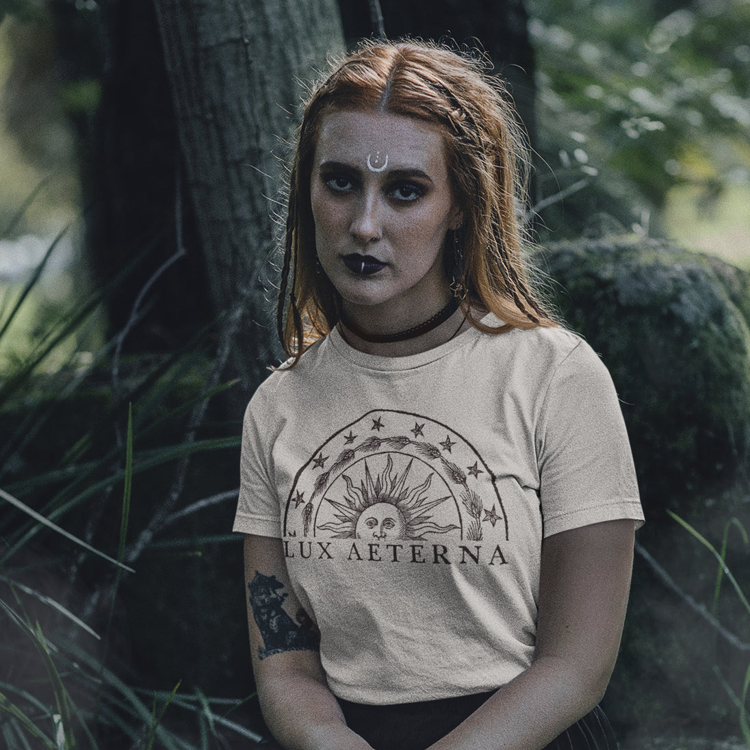 Woman wearing beige Lux Aeterna T-Shirt