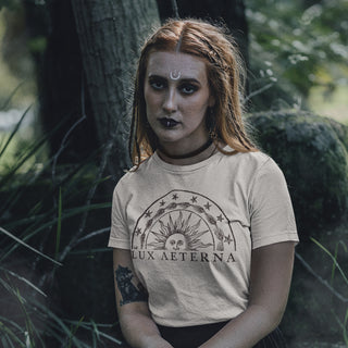 Woman wearing beige Lux Aeterna T-Shirt
