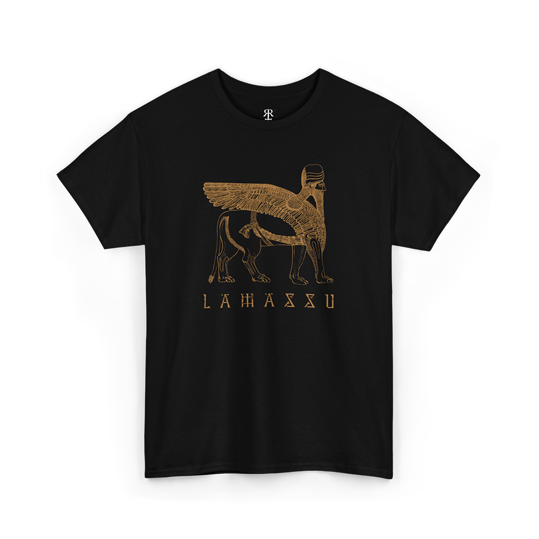 A black t-shirt with a gold illustration of a Lamassu, an ancient Mesopotamian protective spirit, on the front.