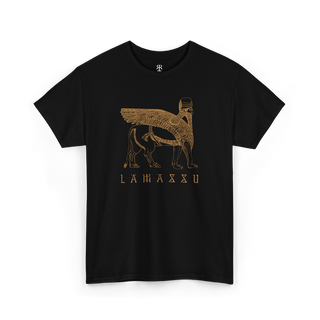 A black t-shirt with a gold illustration of a Lamassu, an ancient Mesopotamian protective spirit, on the front.