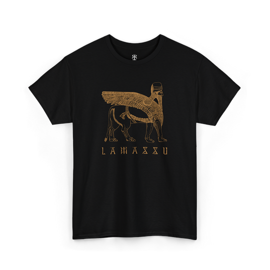 A black t-shirt with a gold illustration of a Lamassu, an ancient Mesopotamian protective spirit, on the front.