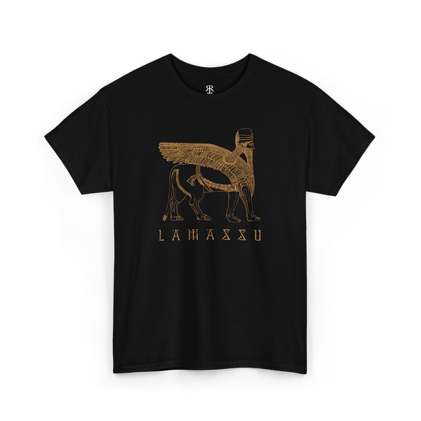 A black t-shirt with a gold illustration of a Lamassu, an ancient Mesopotamian protective spirit, on the front.