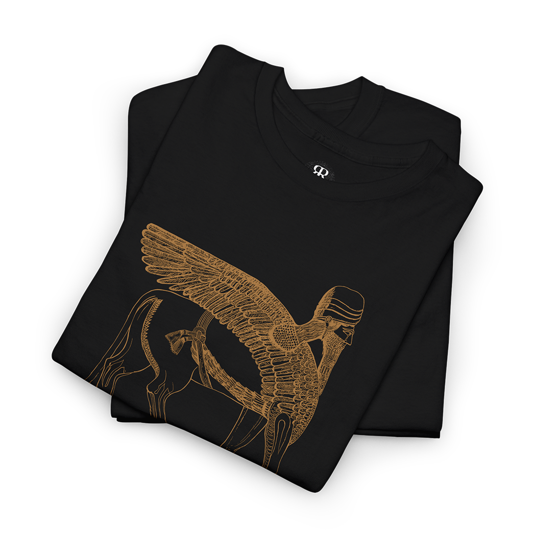 A black t-shirt with a gold illustration of a Lamassu, an ancient Mesopotamian protective spirit, on the front.