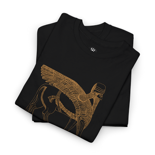 A black t-shirt with a gold illustration of a Lamassu, an ancient Mesopotamian protective spirit, on the front.