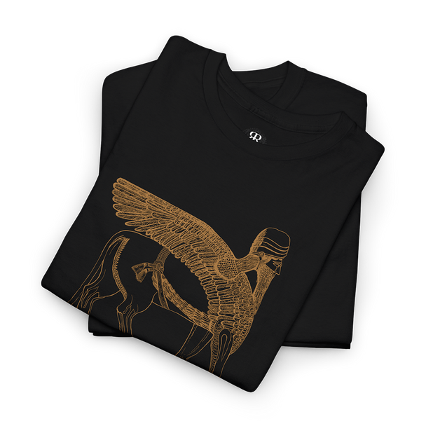 A black t-shirt with a gold illustration of a Lamassu, an ancient Mesopotamian protective spirit, on the front.