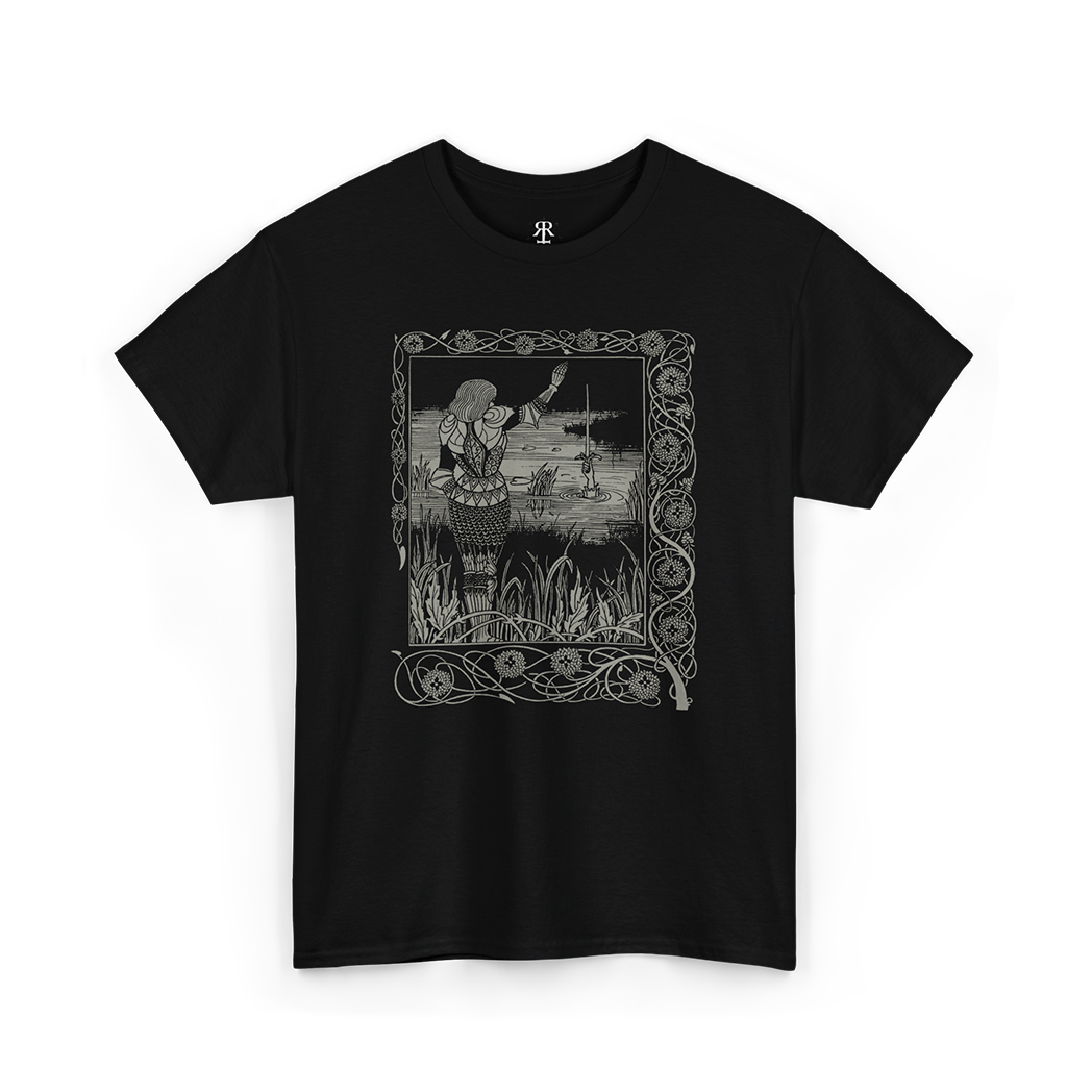 A black t-shirt with a printed illustration featuring King Arthur