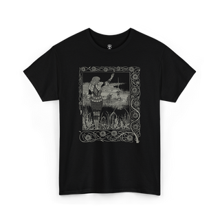 A black t-shirt with a printed illustration featuring King Arthur