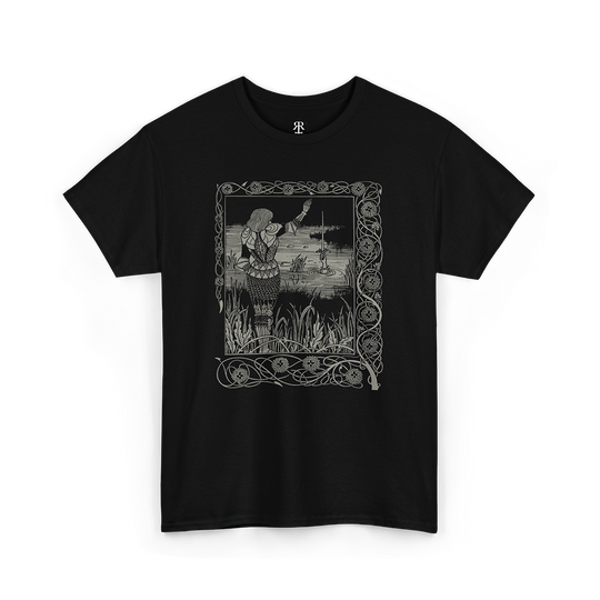 A black t-shirt with a printed illustration featuring King Arthur