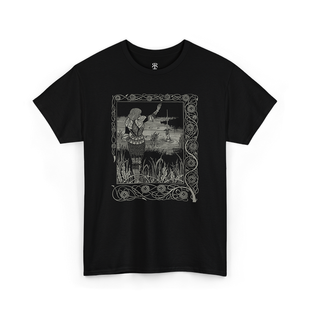 A black t-shirt with a printed illustration featuring King Arthur